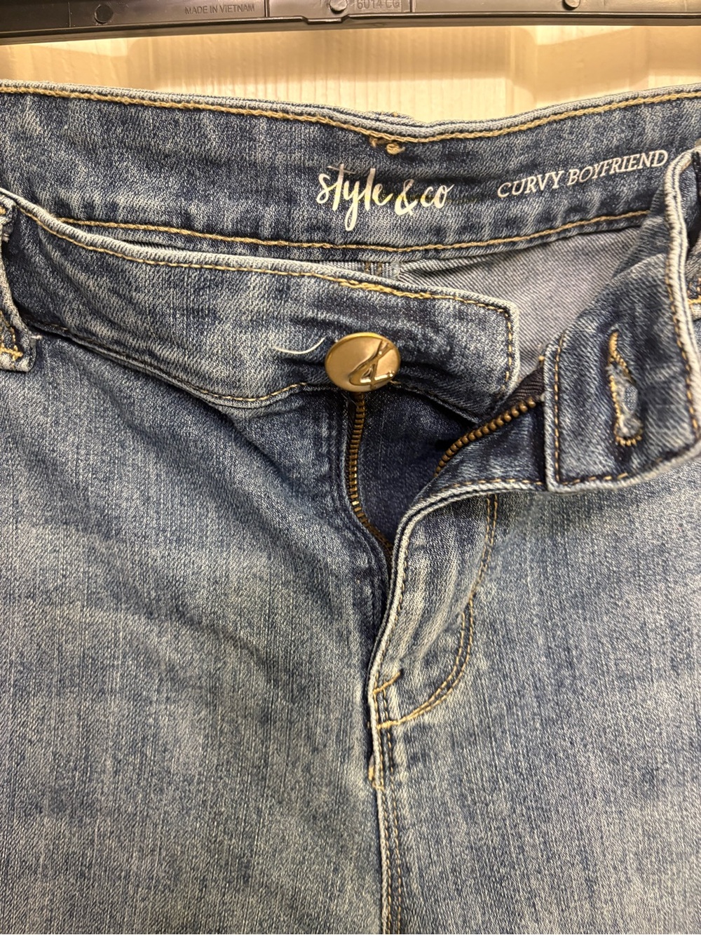 Style & Co. Curvy Boyfriend Jeans in Light Blue with Studded Hem , and 1 pocket.